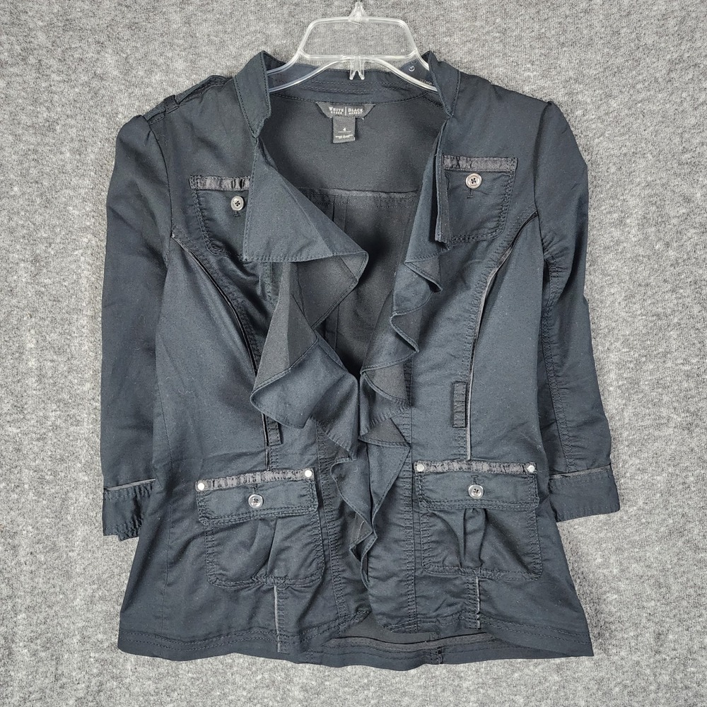 White House Black Market Jacket Womens 4 Ruffle Front Black Satin Trim EUC